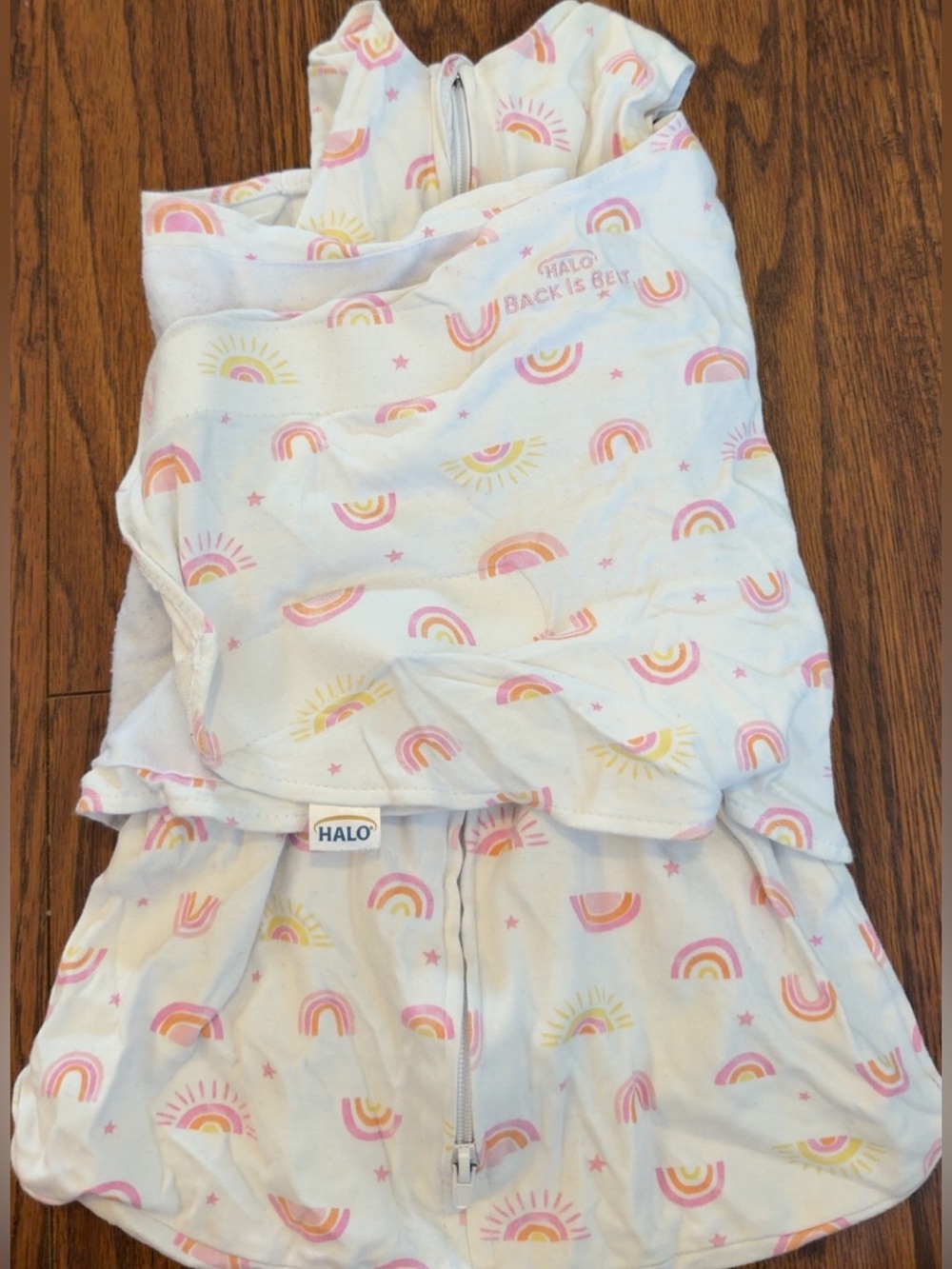 Halo Baby Sleep Sack in White with Pink and Yellow Rainbow Print